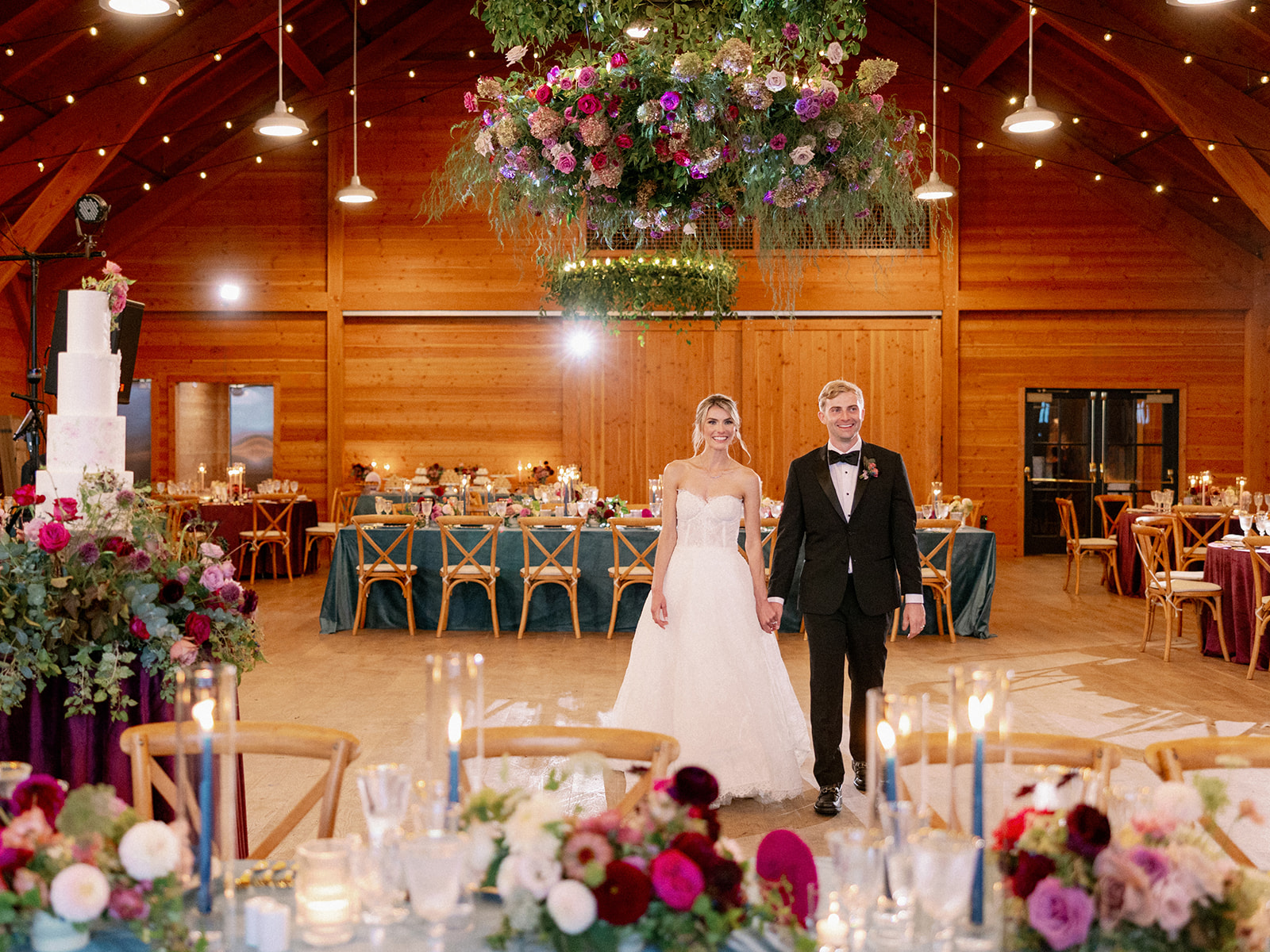 bride and groom in reception space 