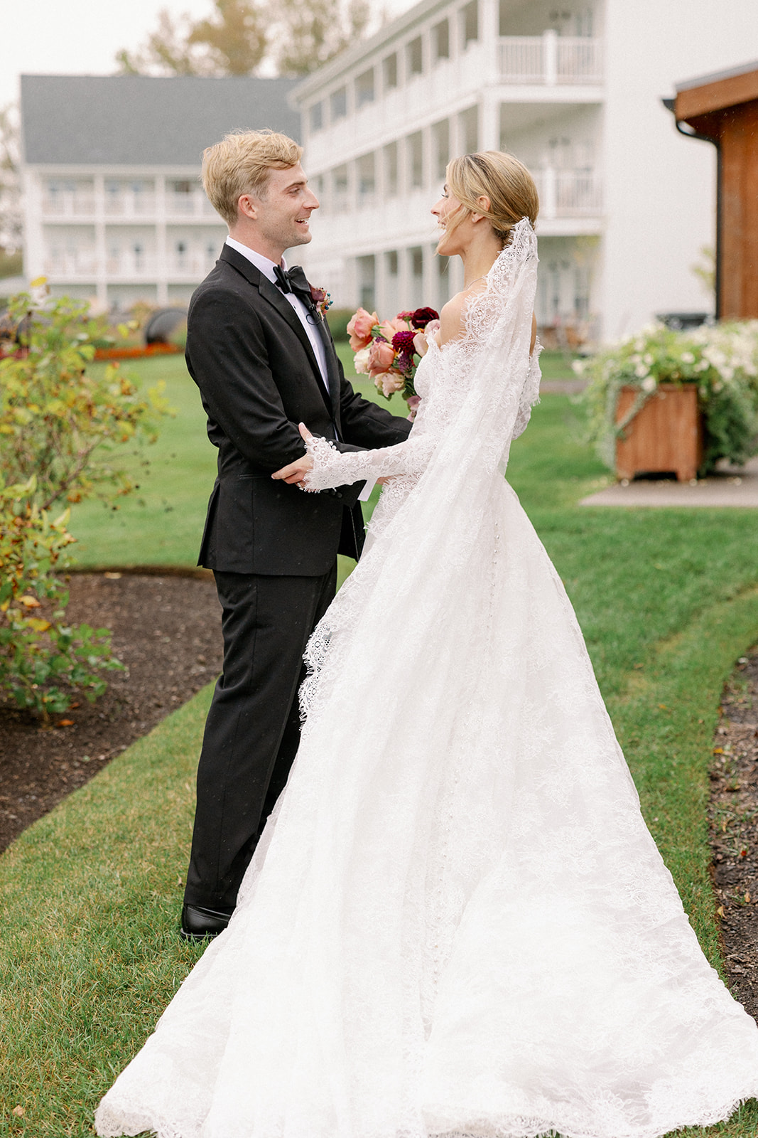 just married bride and groom share a moment after the ceremony 