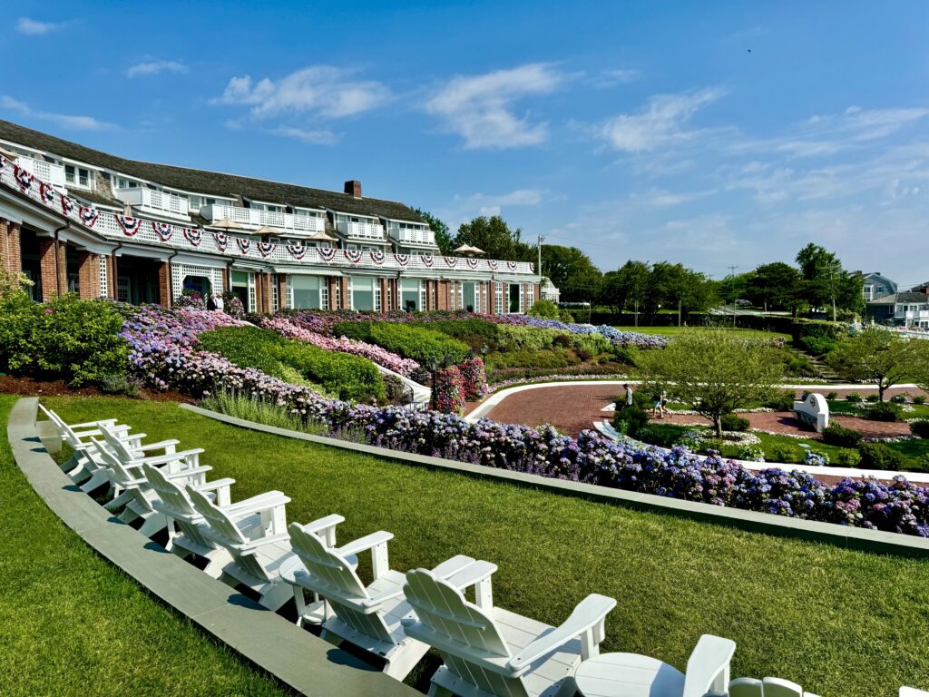 Chairs facing the grand lawn at Chatham Bars Inn.