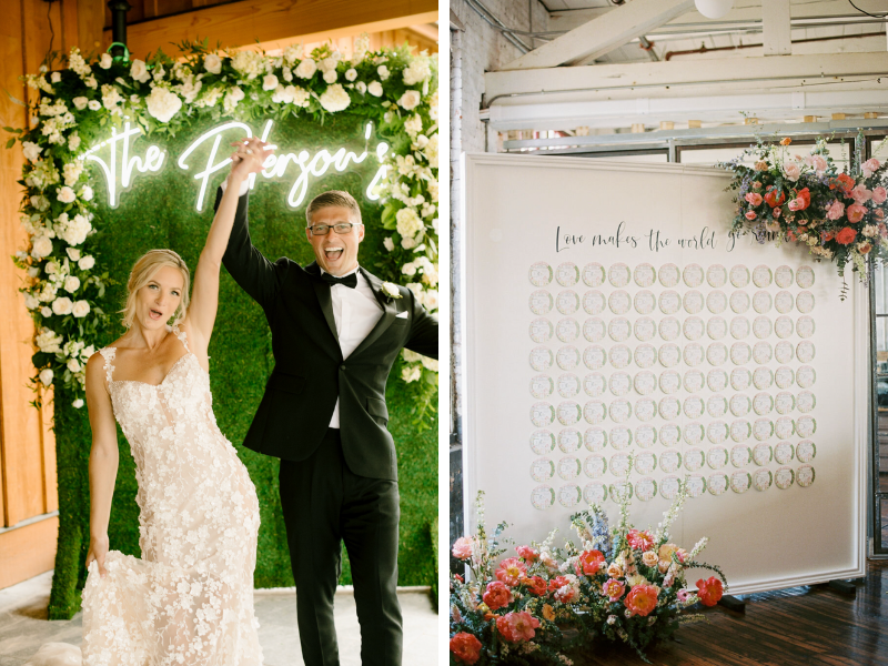 floral wall at a wedding or an escort chart on the left