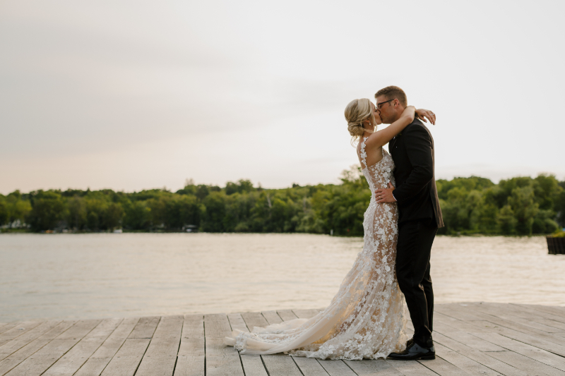 bride and groom photos on the lake