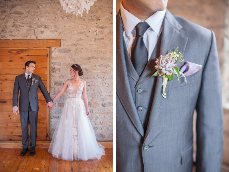 groom wears custom grey suit from NY tailor Adrian Jules