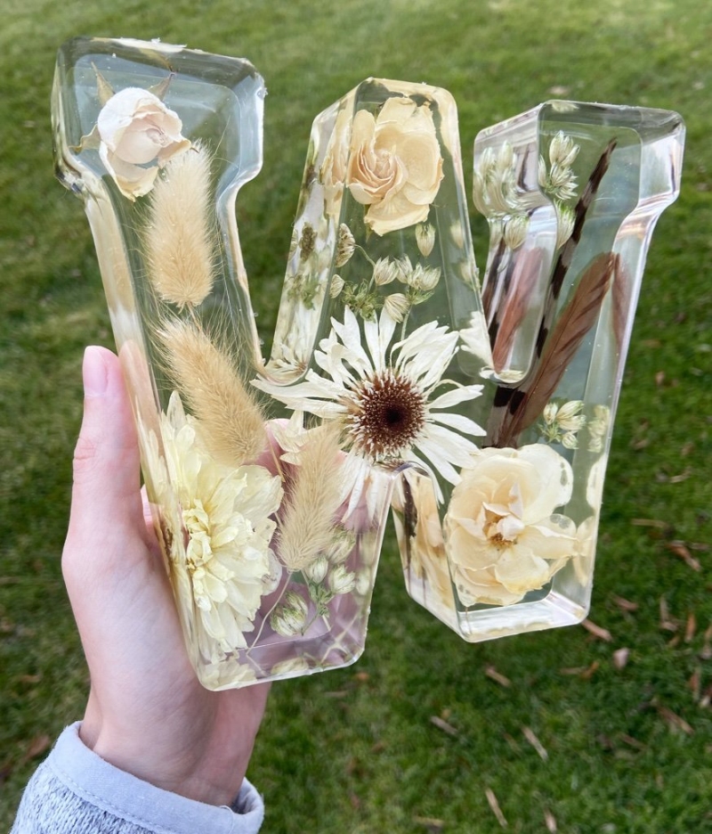 wedding flowers preserved in shape of initials