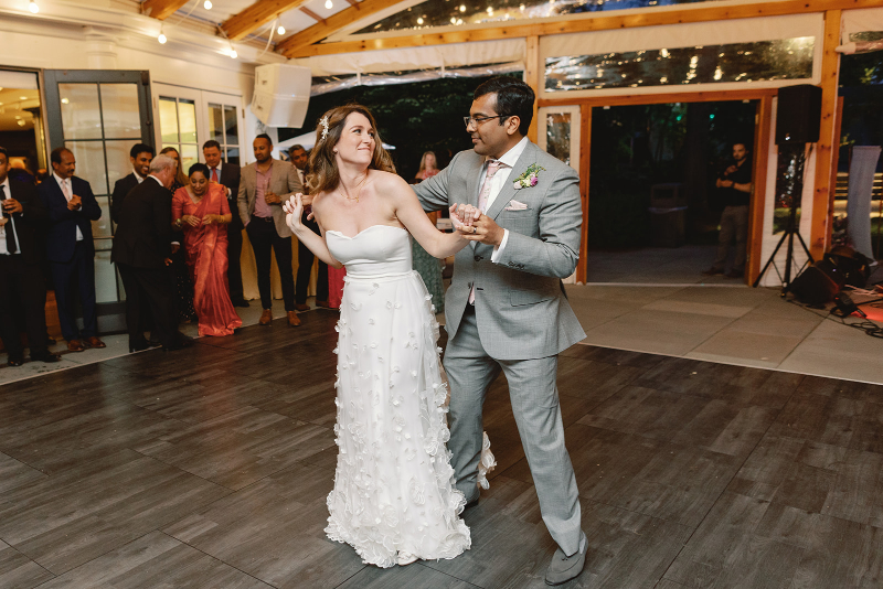 bride and groom dancing at inns of aurora wedding