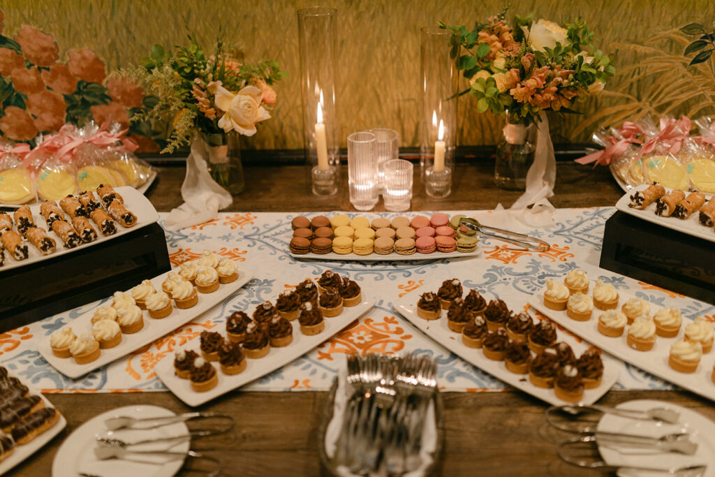 dessert table at lake side wedding