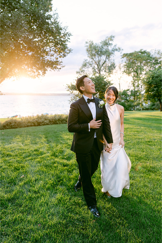 bride and groom at sunset