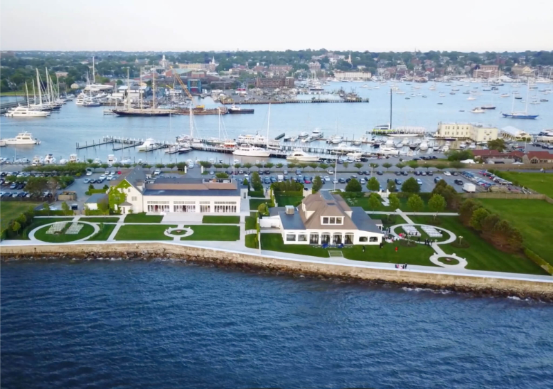 Ariel view shot of popular seaside Rhode Island wedding venue Belle Mer: A Longwood Venue.