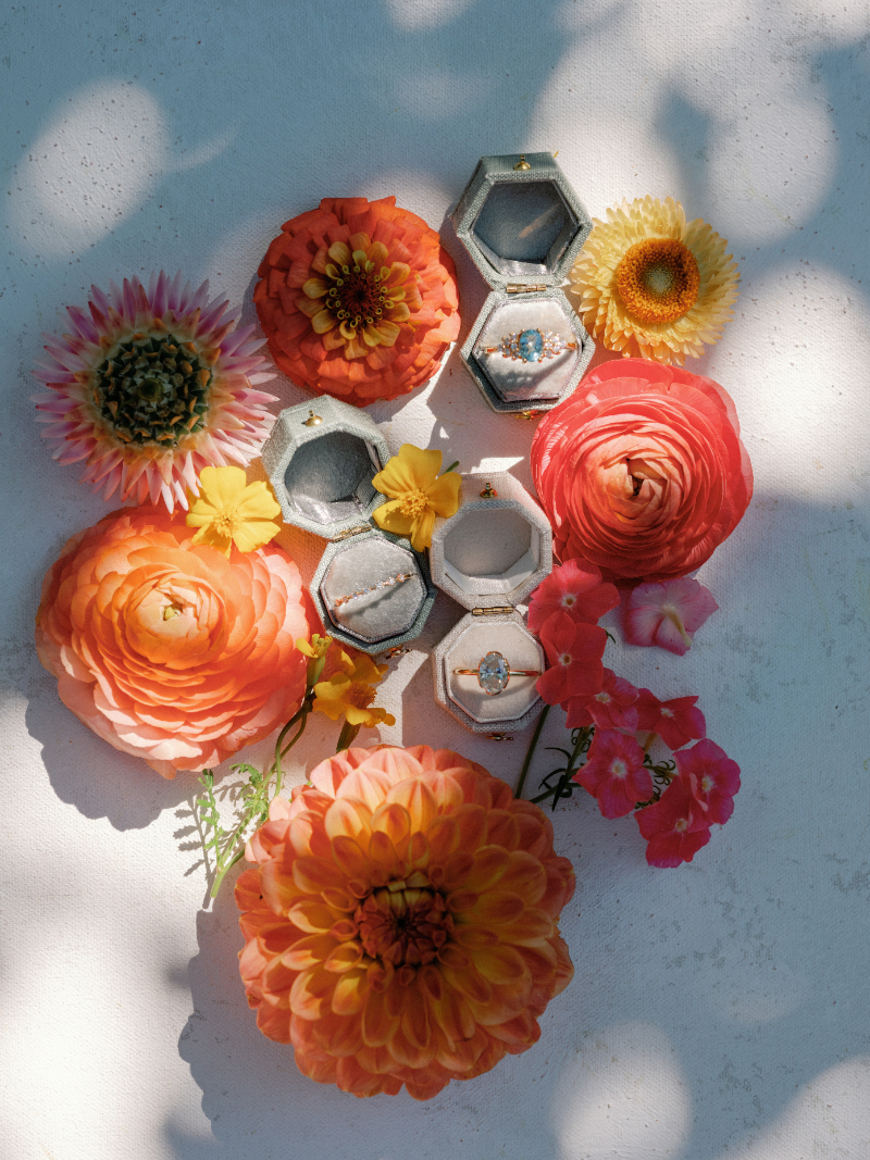 Flatlay of wedding rings and florals.