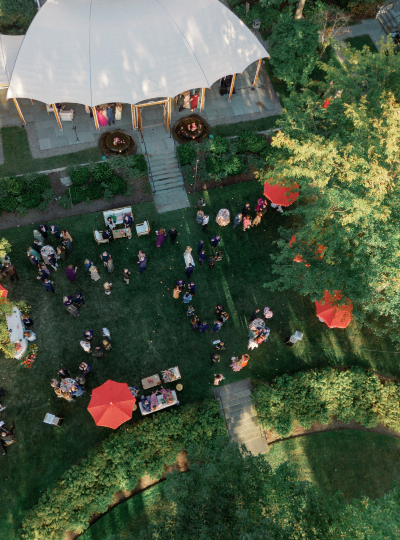 Aerial view of guests enjoying cocktail hour at Inns of Aurora.