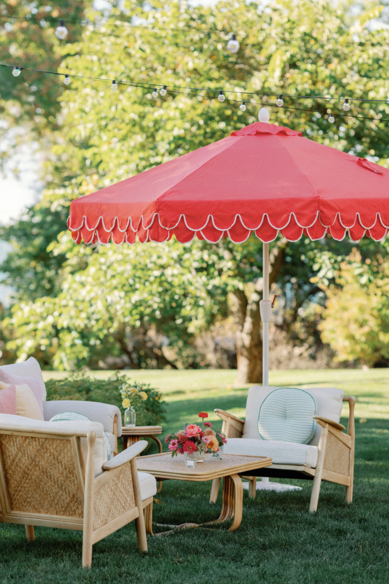 Lounge seating for Slim Aarons inspired wedding cocktail hour.