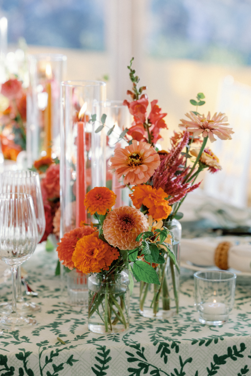 Floral details for Slim Aarons inspired wedding reception.