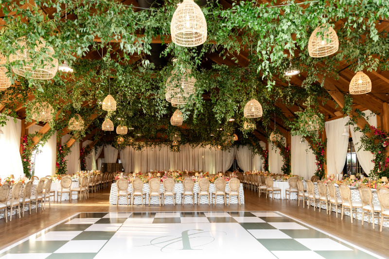 Custom monogrammed dance floor with reception table surrounding it.