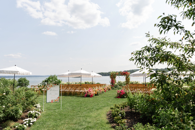 Lakeside ceremony set up for summer camp wedding at the Lake House on Canandaigua.