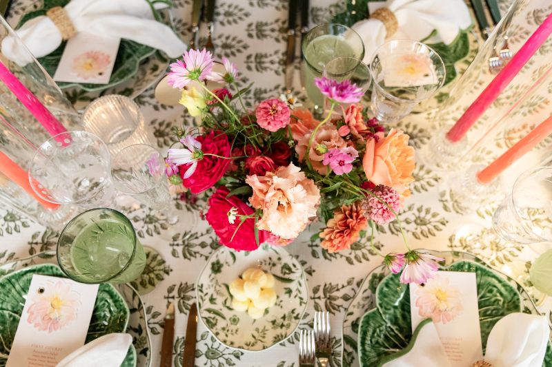 Overhead shot of table setting for summer camp wedding at The Lake House on Canandaigua.
