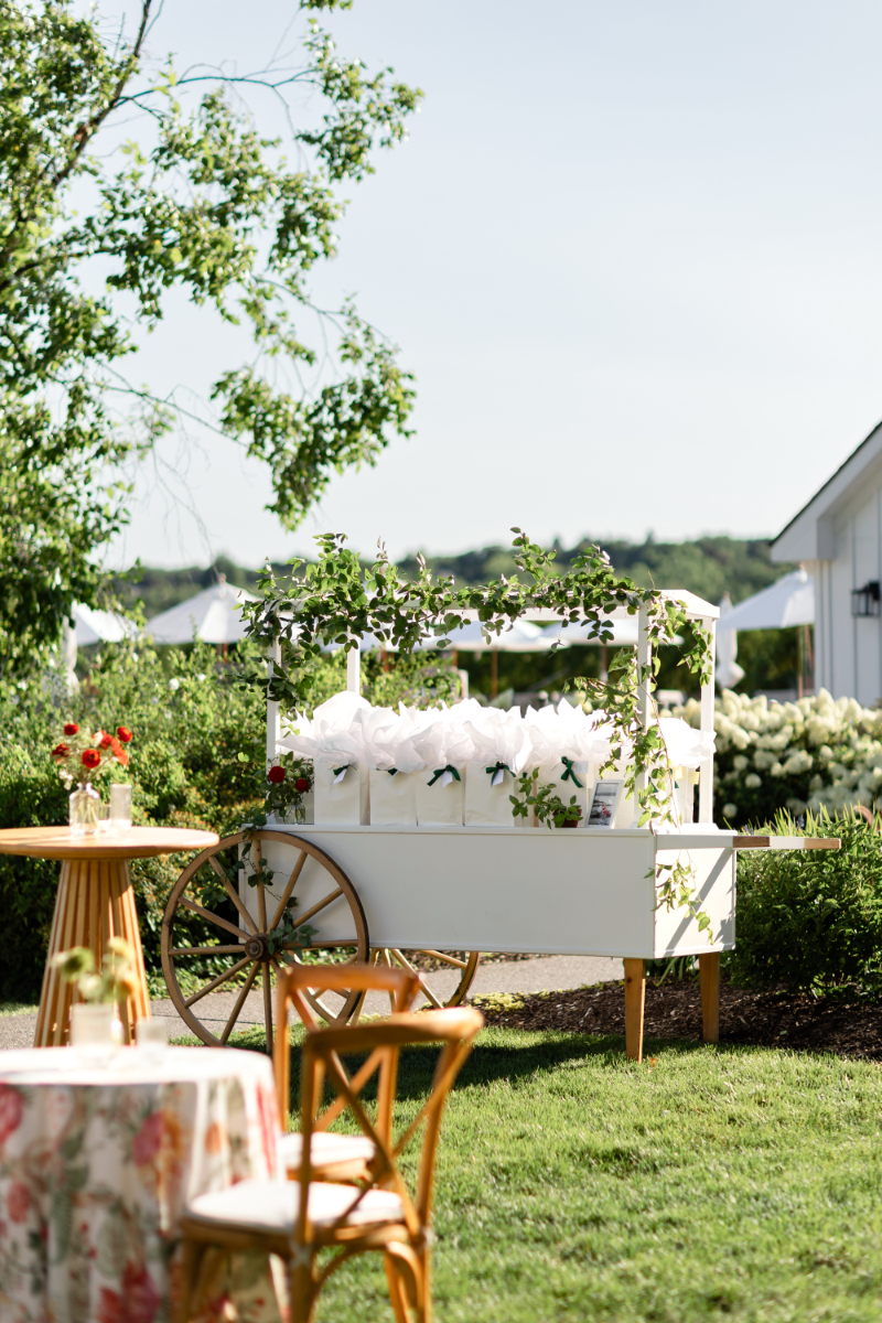 Cart used for holding welcome bags for wedding guests.