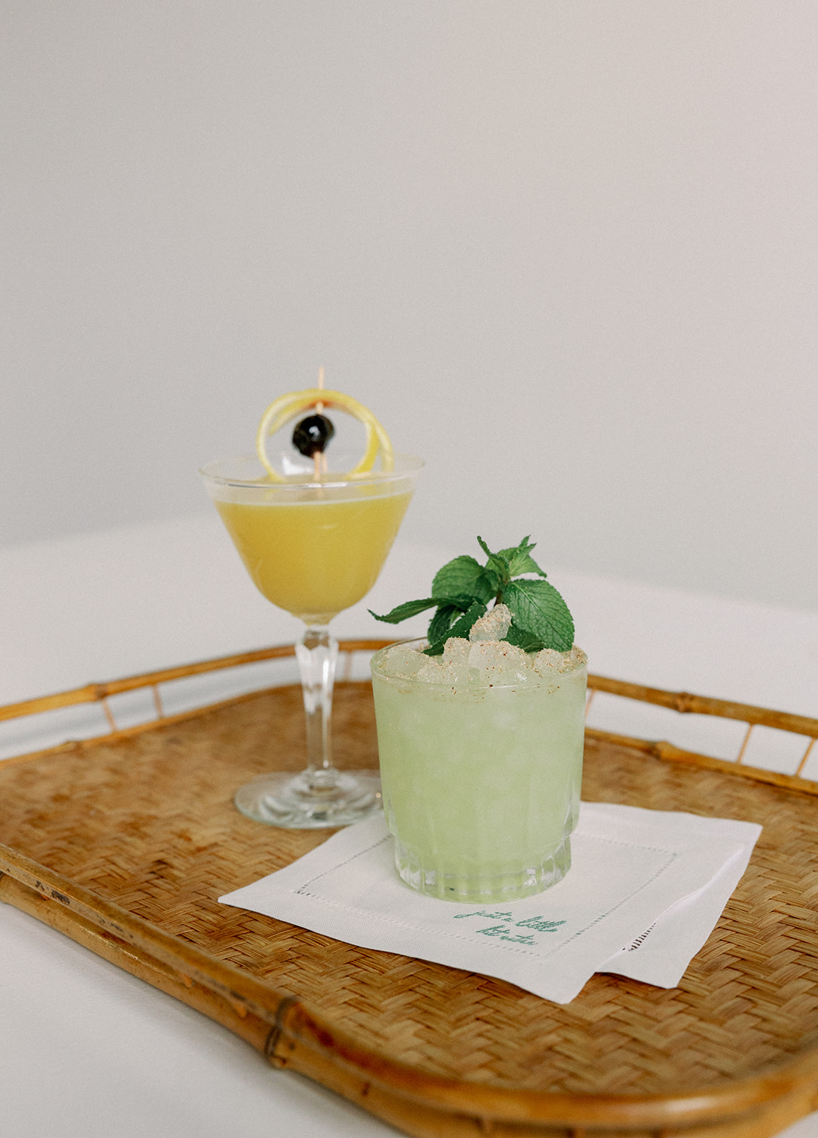 Custom cocktails photographed for a styled shoot wedding.