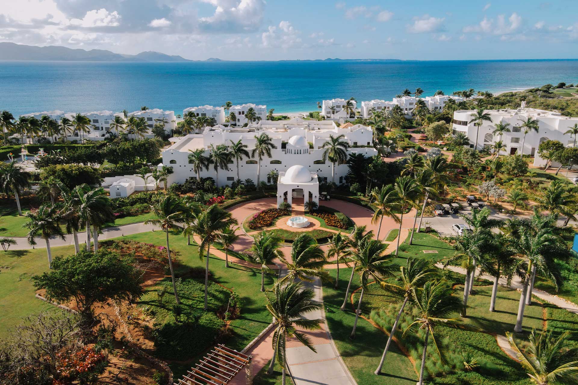 Drone shot upon entering Aurora Anguilla resort.