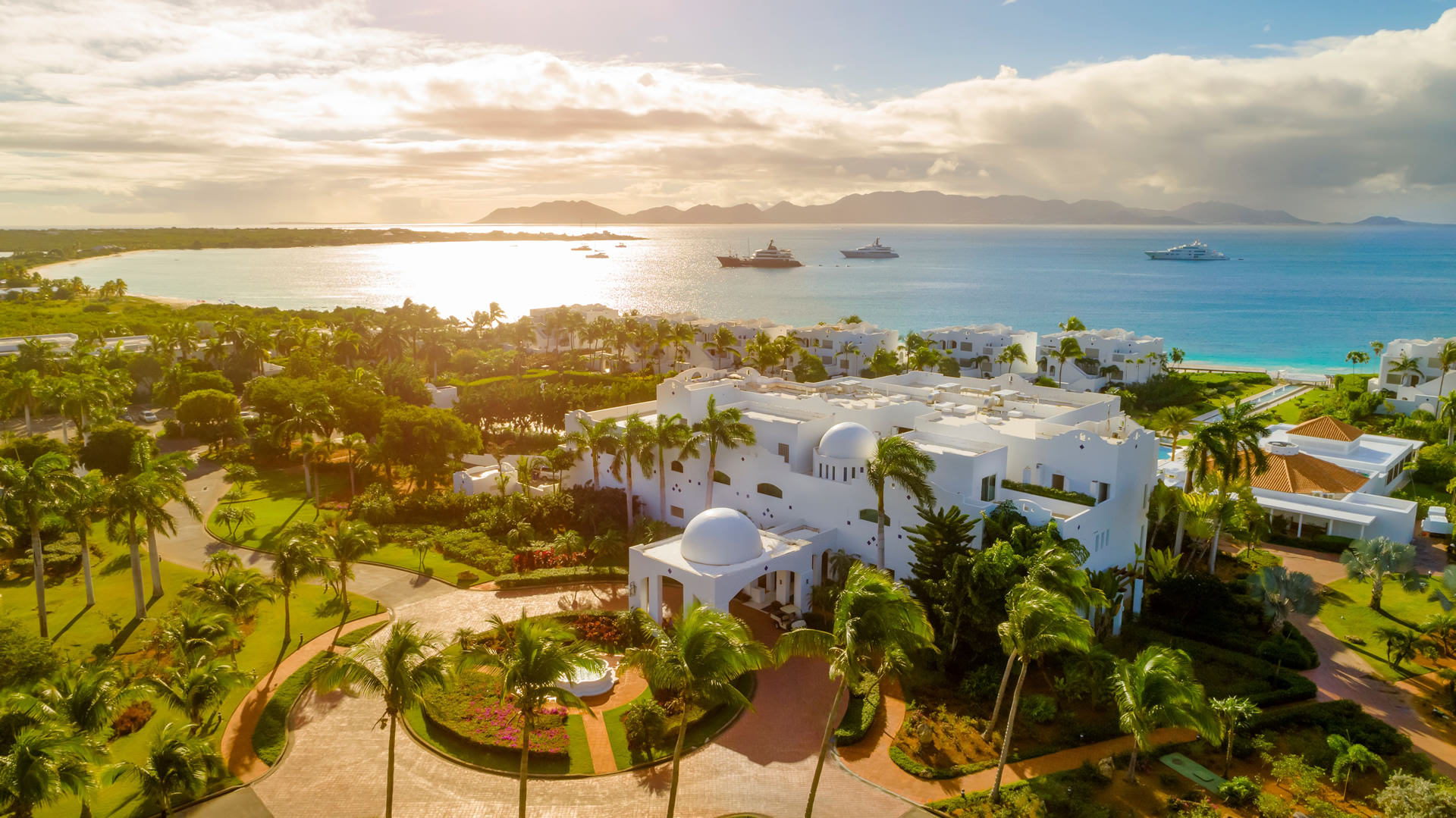 Drone shot upon entering Aurora Anguilla resort.
