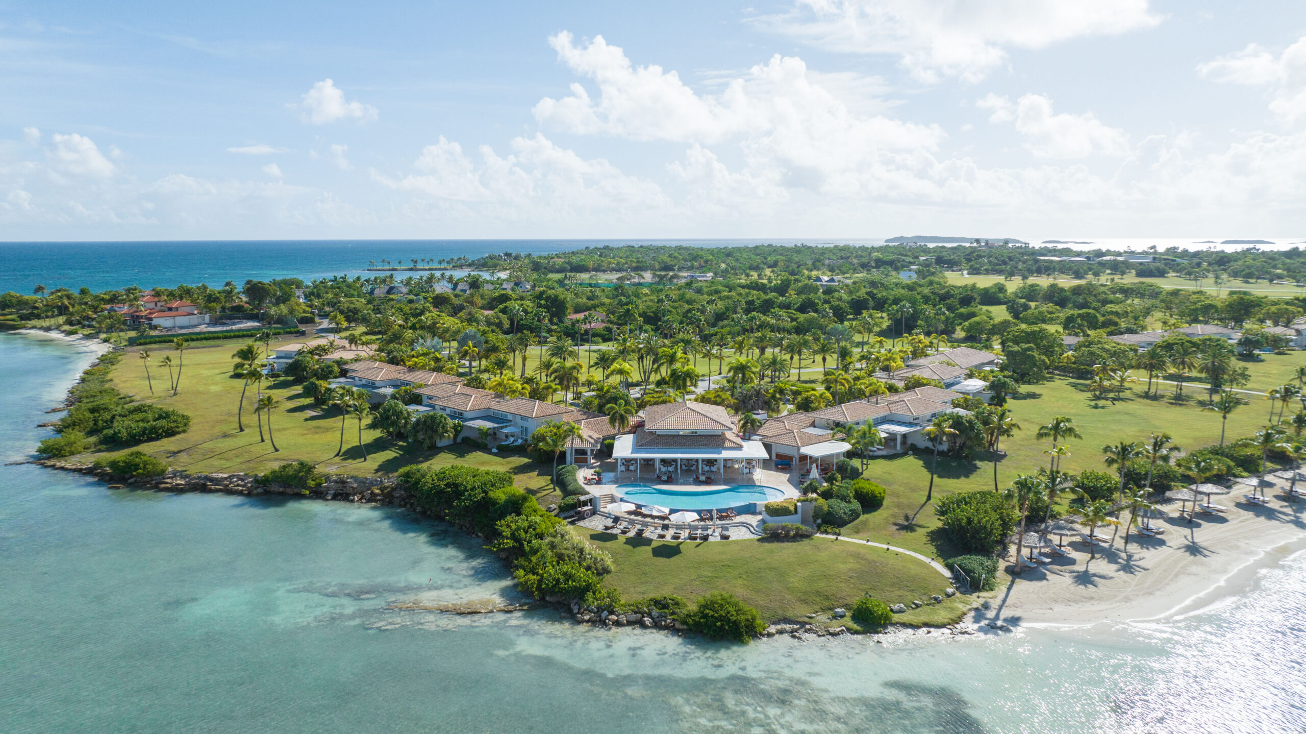 Drone shot of Jumby Bay Island resort.