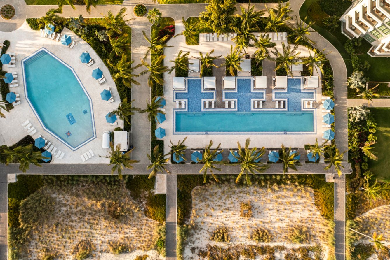 Aerial view of the pools at Ritz Carlton Turks & Caicos.