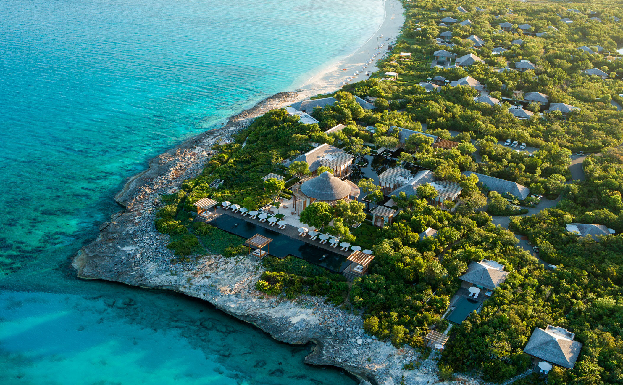 Aerial view of Amanyara, an all-inclusive destination wedding venue in the Carribean.