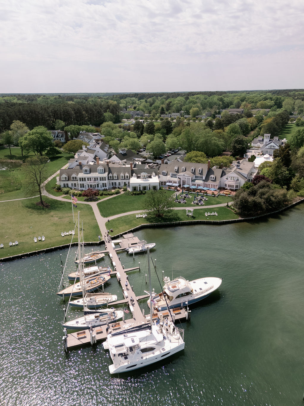 Aerial view of Inn at Perry Cabin wedding venue featuring full venue and boat dock.