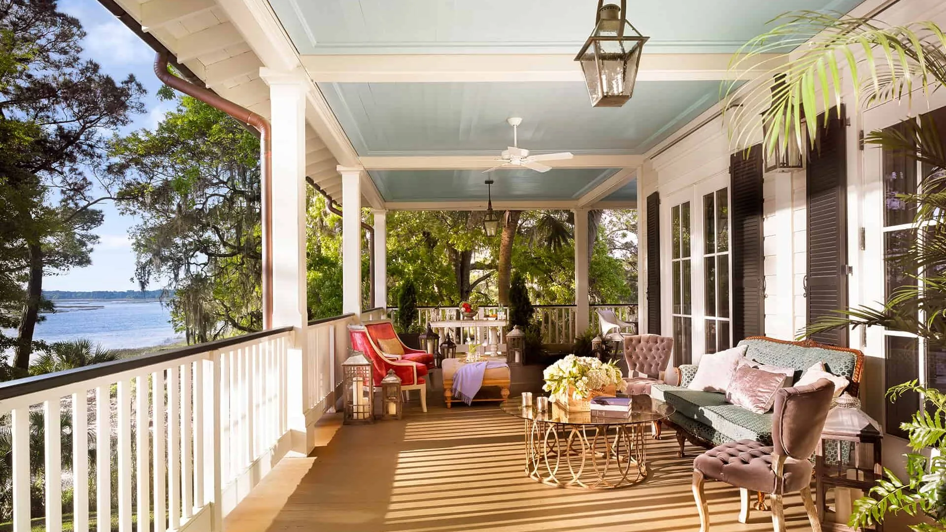 A veranda on one of the venues available for a Montage Palmetto Bluff wedding.