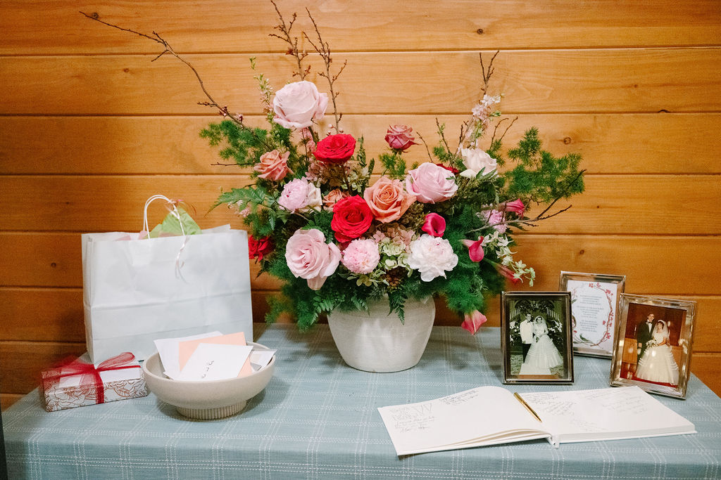 Welcome table decorated for a spring wedding.