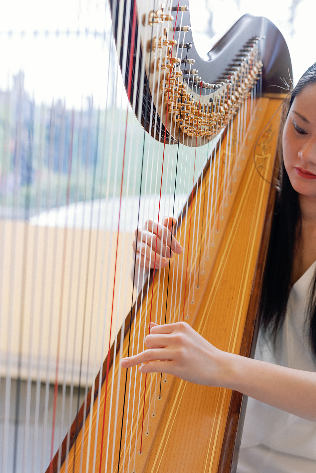 Close-up of a harpist's hands plucking the strings of a harp, with the musician's dark hair and red lipstick visible beside the instrument.