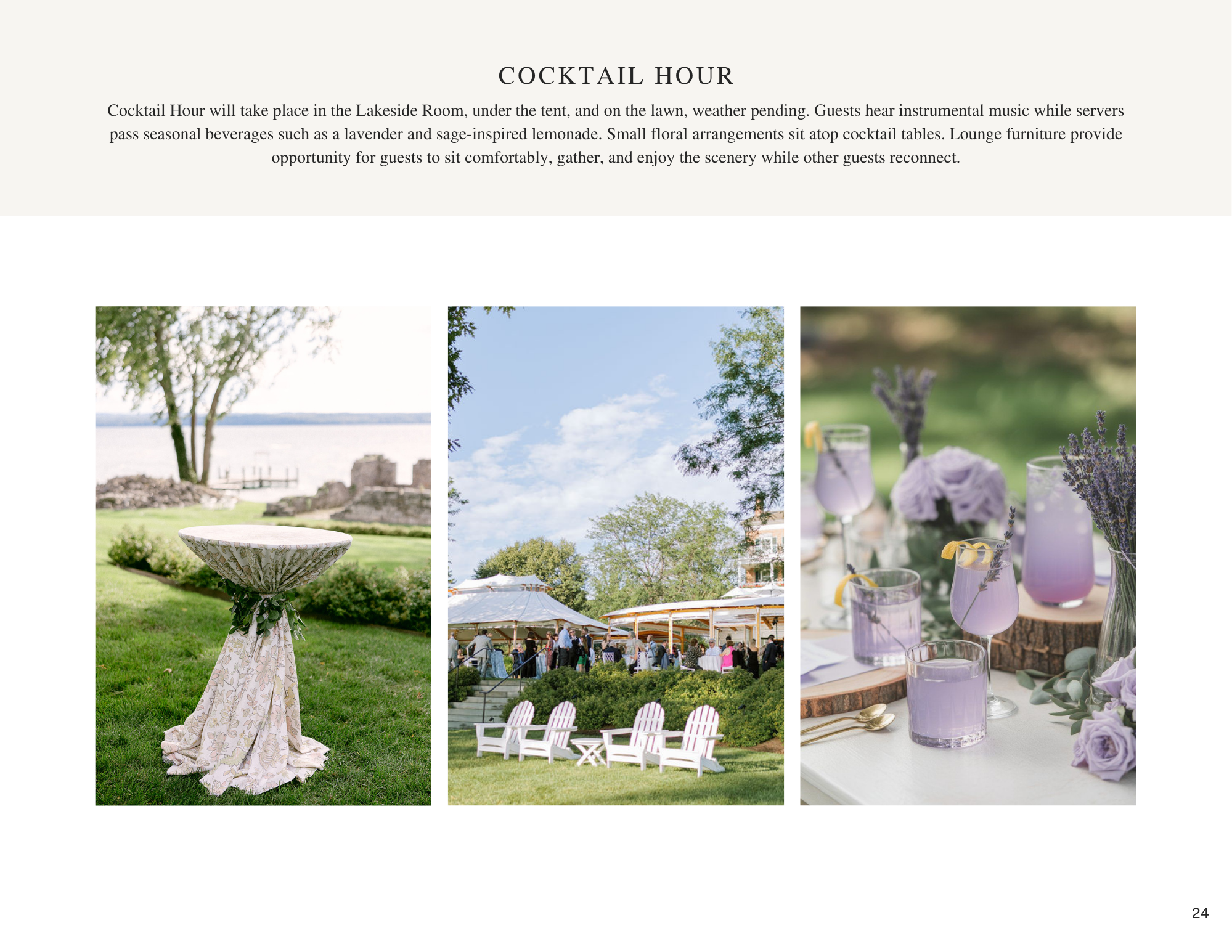 Cocktail hour scene: a floral-print round cocktail table on a lakeside lawn, guests mingling under a scalloped-edge tent beside white Adirondack chairs, and a close-up of lavender-hued cocktails garnished with lavender sprigs and lemon twists.