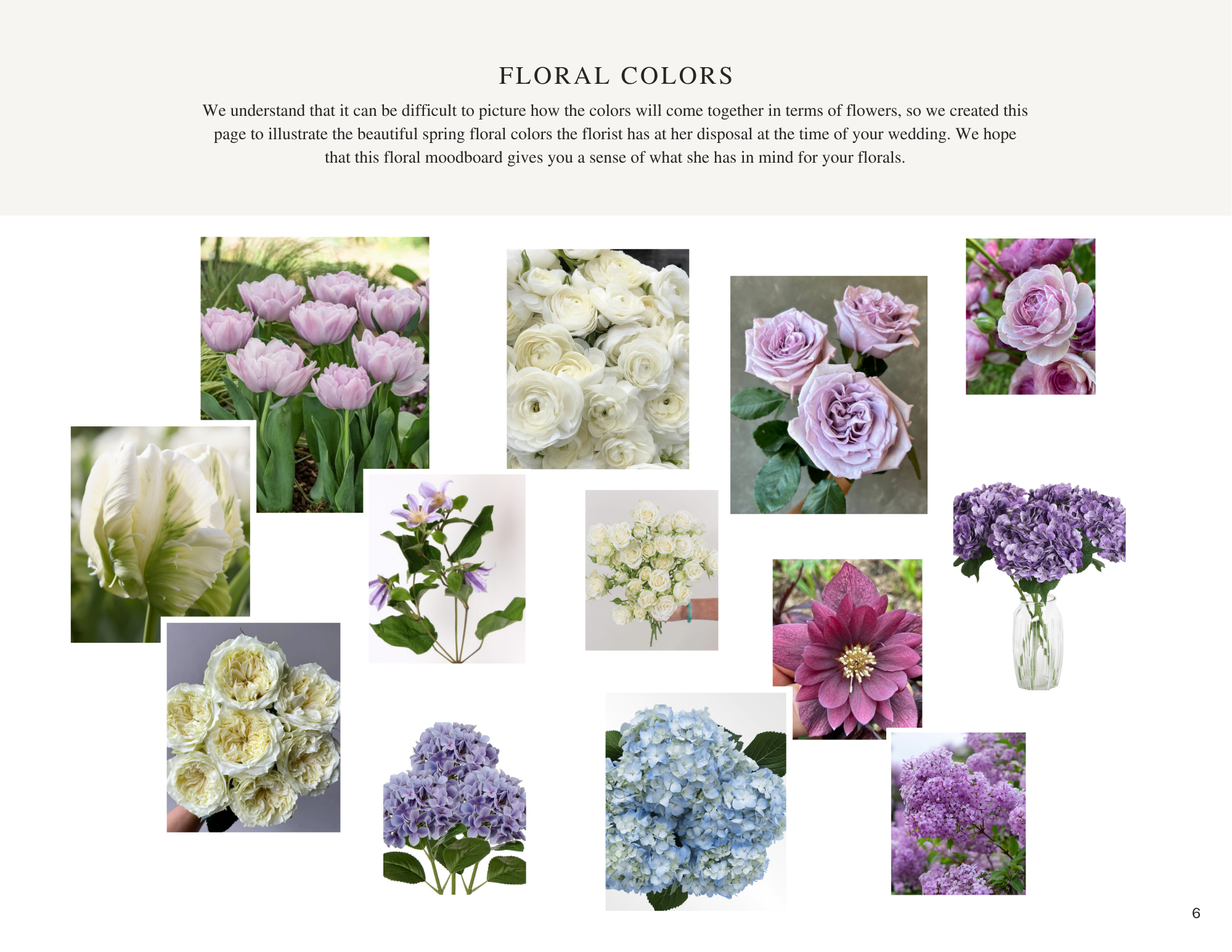 Moodboard grid of flowers in lavender, white, and purple tones, including tulips, ranunculus, garden roses, hydrangeas, and hellebores.