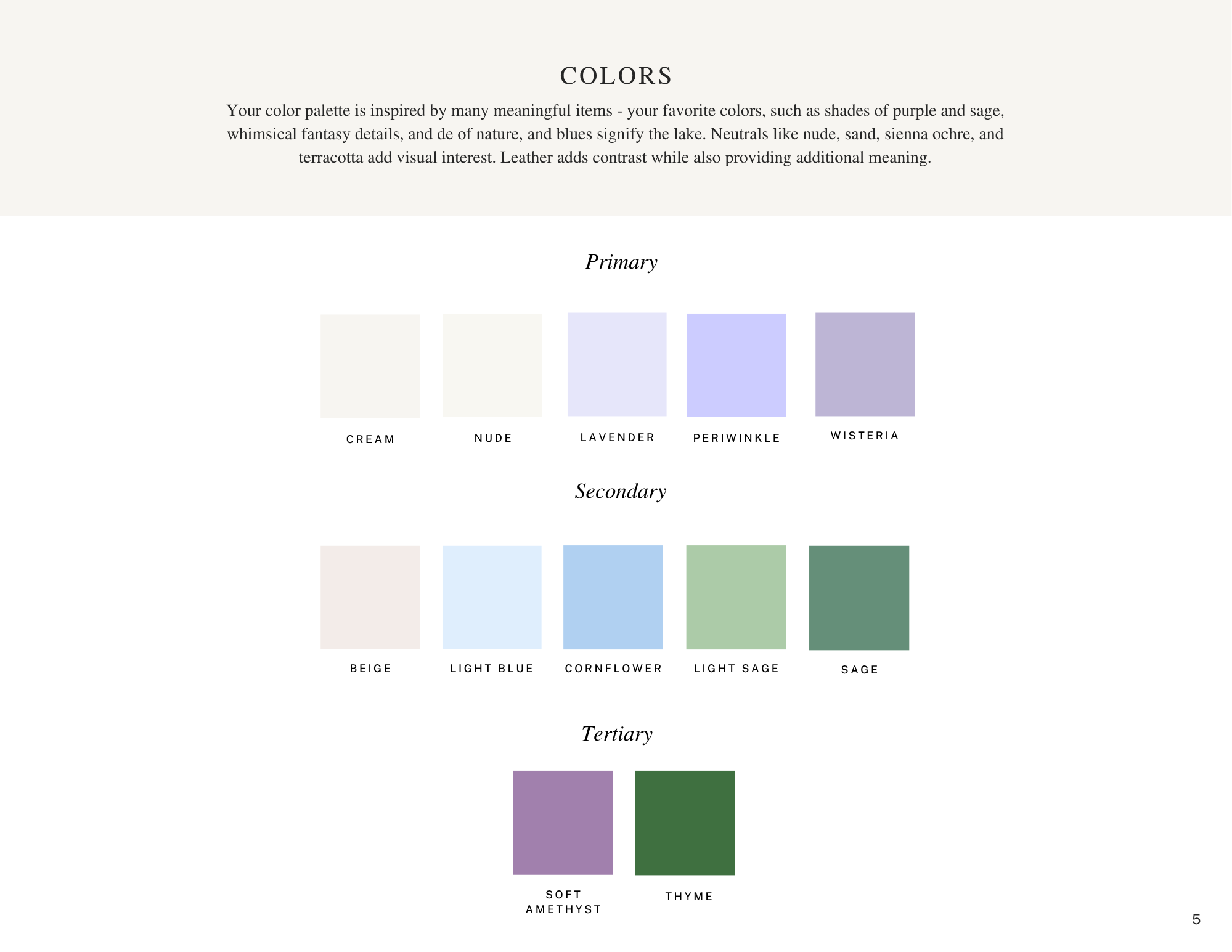Wedding color palette swatches: cream, nude, lavender, periwinkle, and wisteria as primary colors; beige, light blue, cornflower blue, light sage, and sage as secondary colors; soft amethyst and thyme as tertiary colors.